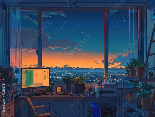 work desk with city views background illustration,beautiful lof animei background