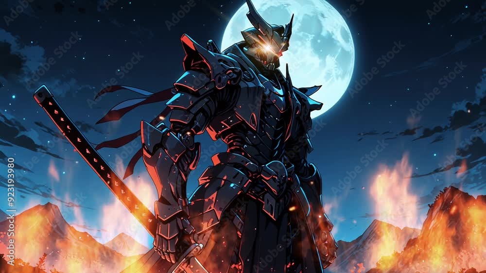 Fantasy animation, samurai robots with smooth looping video anime style 4K.