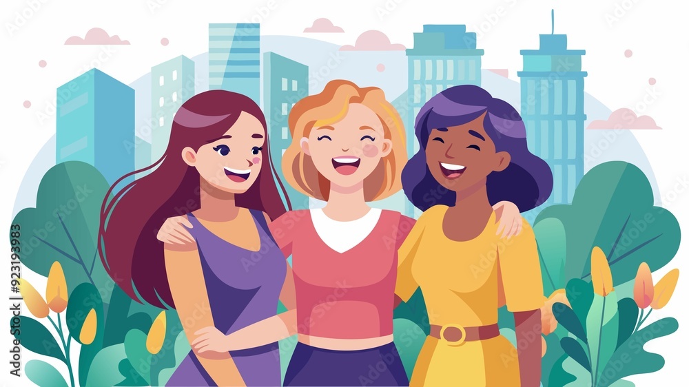 Three young women embrace the energy of the city. Their smiles radiate happiness, showcasing the power of friendship to transform even the most urban environment into a joyful oasis. Three young women embrace the energy of the city. Their smiles radiate happiness, showcasing the power of friendship to transform even the most urban environment into a joyful oasis.
