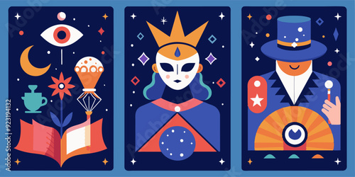 Mystical Tarot Cards Featuring the Magician, Queen, and Symbols in a Modern Style