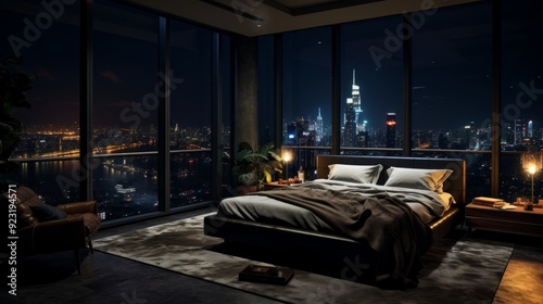 penthouse bedroom at night, dark gloomy, A room with a view of the city from the bed	 photo