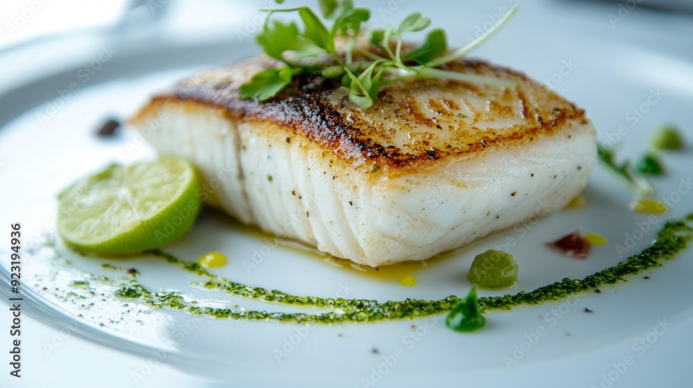 Grilled fish fillet with lime and herbs on white plate Grilled fish fillet with lime and herbs on white plate