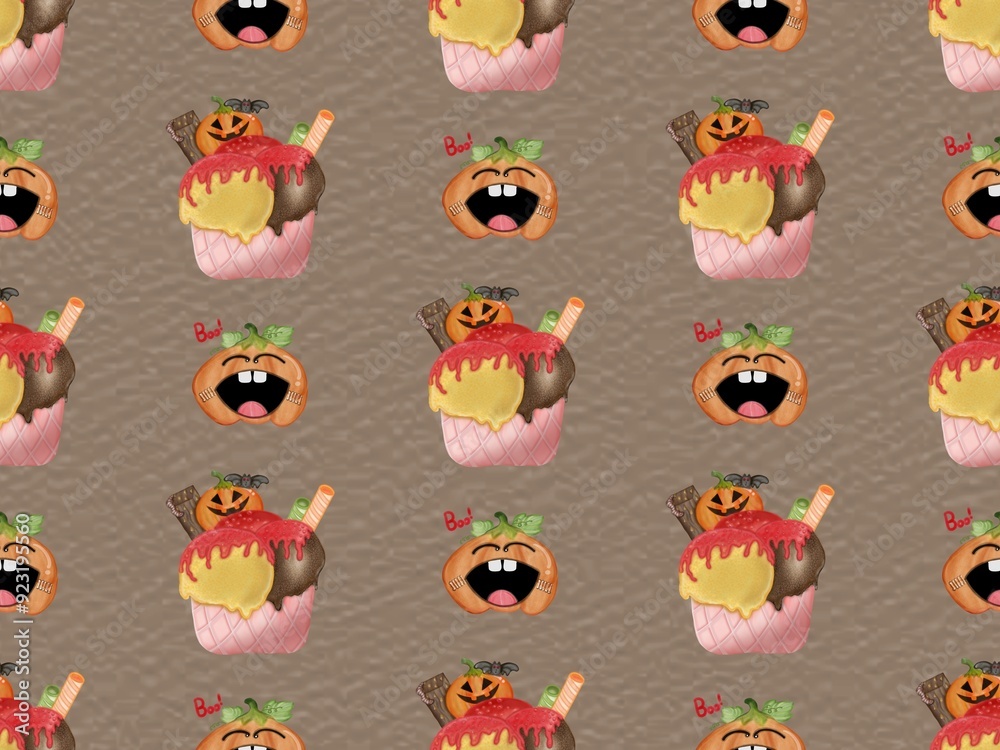 Obraz premium Seamless pattern of ice cream in a waffle and popsicles with red jam,chocolate for your Halloween on colorful background.for wrapping paper and fabrics and linens and kids. 