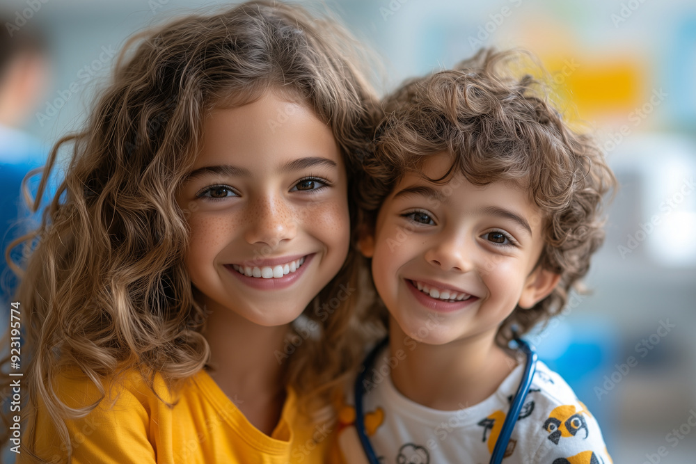A doctor comforting a child before a minor procedure in a playful, child-friendly clinic. A doctor comforting a child before a minor procedure in a playful, child-friendly clinic.