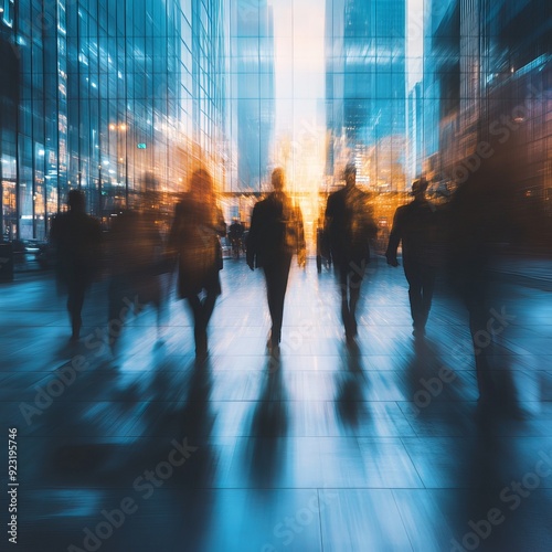 blurred motion view of business people walking in corporate office modern city life cinematic effect abstract urban background 