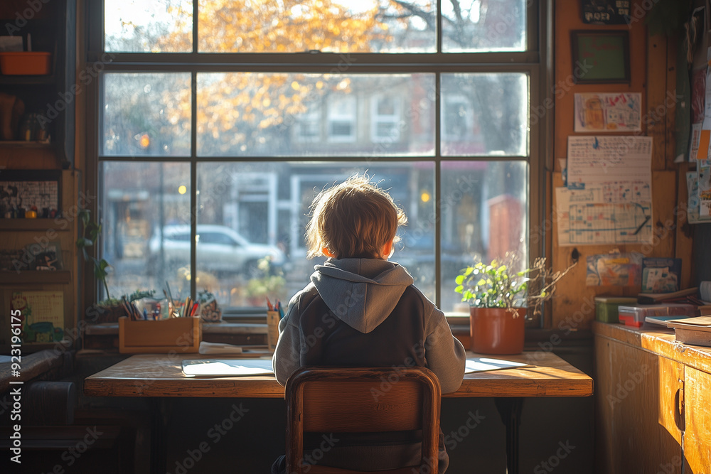 A child sits at a desk in a sunny classroom, with a large window beside them, allowing sunlight to pour in, illuminating their study materials. A child sits at a desk in a sunny classroom, with a large window beside them, allowing sunlight to pour in, illuminating their study materials.