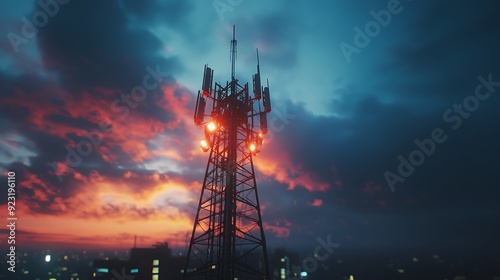 A close-up of a 5G network tower with antennas.