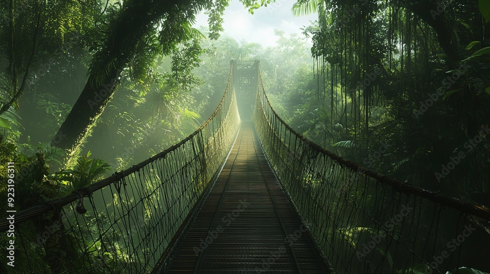 Obraz premium Suspension bridge in the middle of a tropical rain forest 
