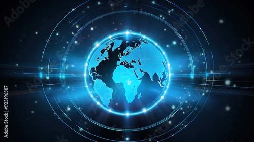 Futuristic glowing blue earth globe with abstract lines and lights.