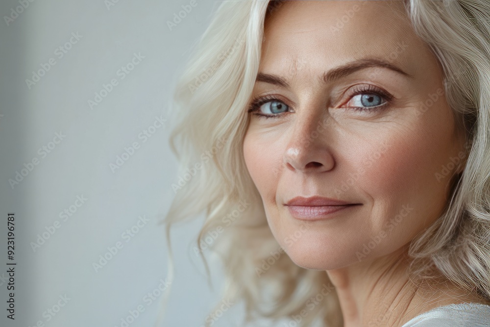 Close-up portrait of a beautiful mature woman, with blond hair and blue eyes on a white background with copy space for text