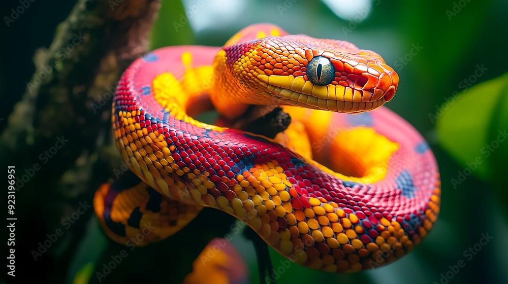 A close-up of a brightly colored tree snake coiled around a branch in the rainforest, its eyes alert and curious. A close-up of a brightly colored tree snake coiled around a branch in the rainforest, its eyes alert and curious.