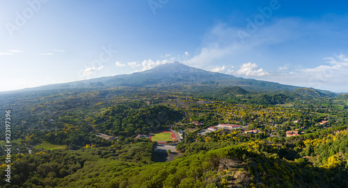 Nicolosi, Sicily, Italy. Volcanic craters overgrown with forest on the slopes of Mount Etna. Aerial view photo