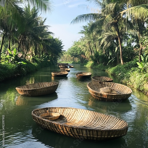 Bamboo basket boats on Thu Bon River, Coconut village eco tour in Hoi An, Vietnam.