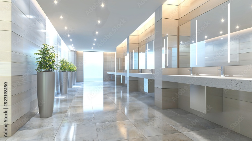 Fototapeta premium Unique shots reveal the intriguing interplay of light and shadow created by rectangular fixtures, adding visual interest to the washroom walls.