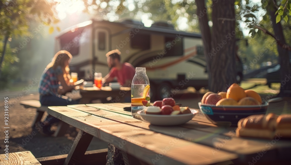 Camping picnic, food and drink on wooden table in front of travel trailer in forest nature. Man and woman blurred in background. Camping picnic, food and drink on wooden table in front of travel trailer in forest nature. Man and woman blurred in background.