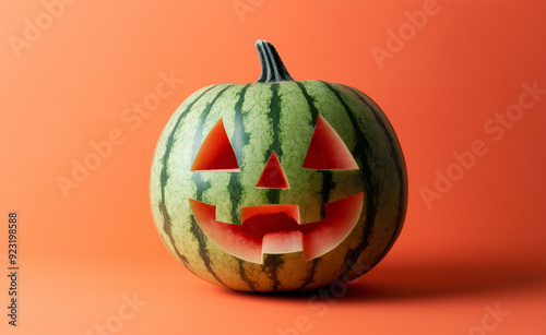 Watermelon carved like a jack-o'-lantern surrounded by small pumpkins on an orange background.
 photo