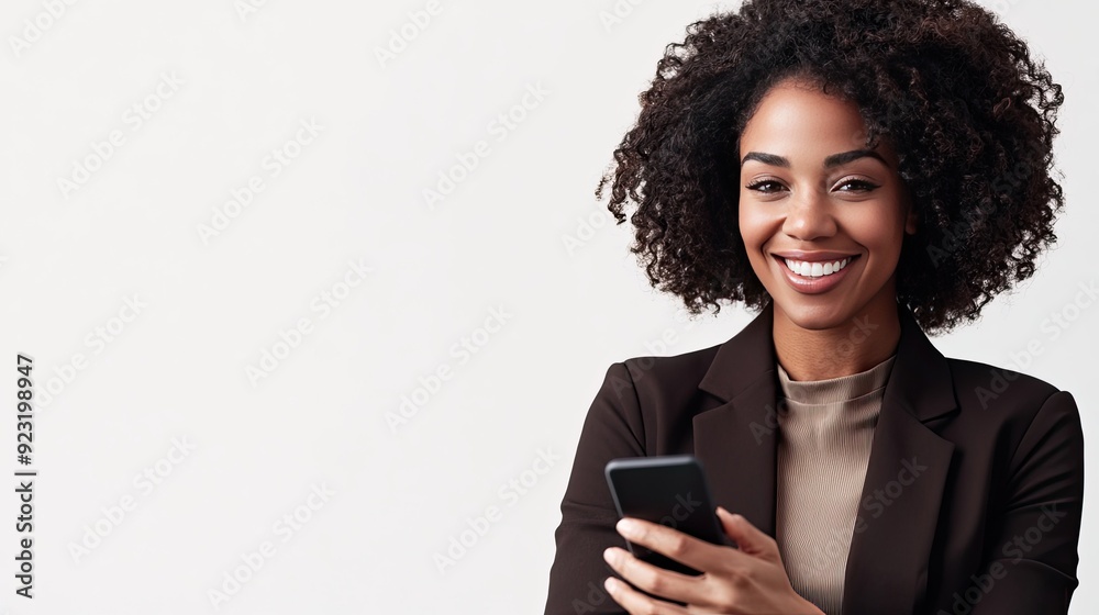 Businesswoman with a friendly smile, engaged with her smartphone. Copy space on the left for your message Businesswoman with a friendly smile, engaged with her smartphone. Copy space on the left for your message