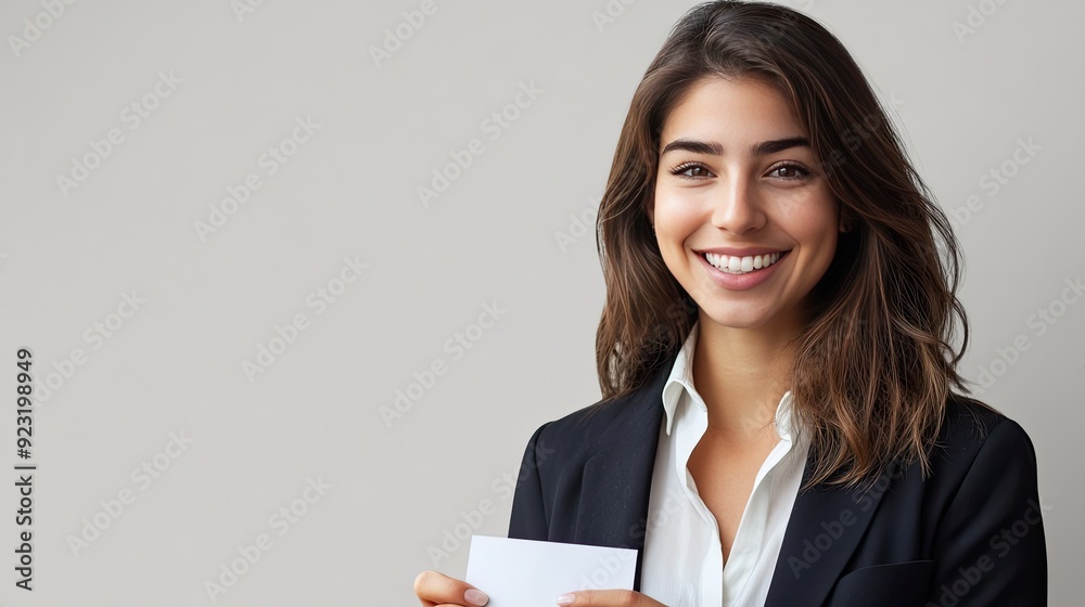 Businesswoman with a friendly smile, holding a business card. Copy space available on the left side for text Businesswoman with a friendly smile, holding a business card. Copy space available on the left side for text
