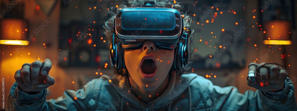 teenager in virtual reality, play game in VR headset, artificial intelligence, future technology concept. banner teenager in virtual reality, play game in VR headset, artificial intelligence, future technology concept. banner