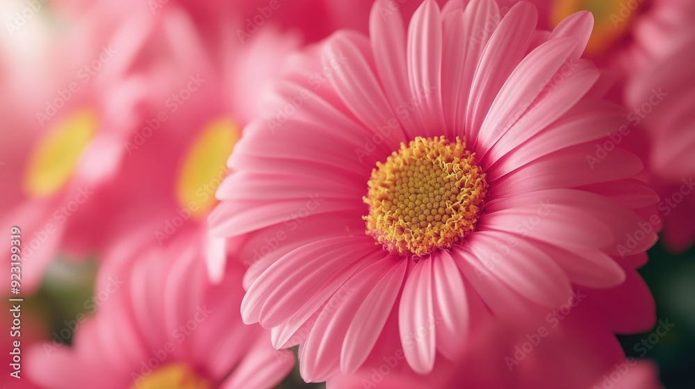 Close-up of a bouquet of pink flowers, each with striking yellow centers, emphasizing their vibrant and lively colors. Close-up of a bouquet of pink flowers, each with striking yellow centers, emphasizing their vibrant and lively colors.