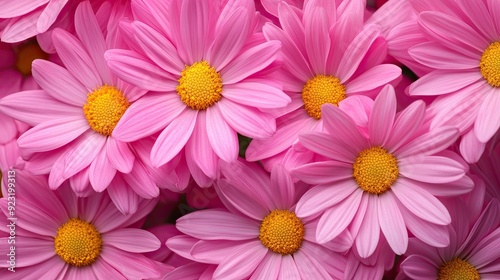 Close-up of a bouquet of pink flowers, each with striking yellow centers, emphasizing their vibrant and lively colors.