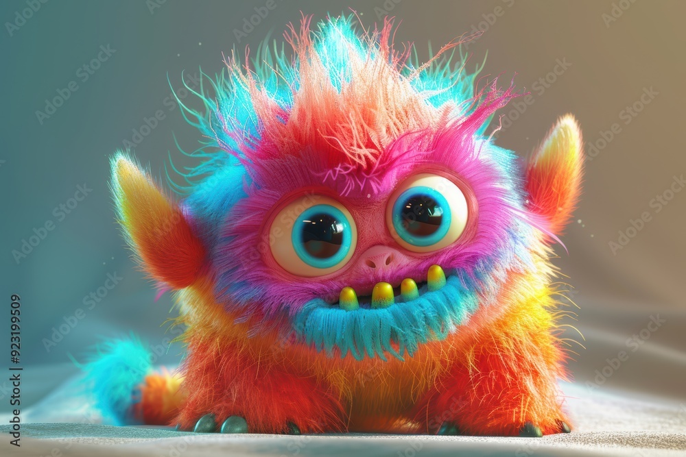 Fototapeta premium Whimsical 3D cute monster character, plump and fluffy with vibrant colors, featuring expressive big eyes and a toothy grin, exuding a playful and mischievous demeanor.