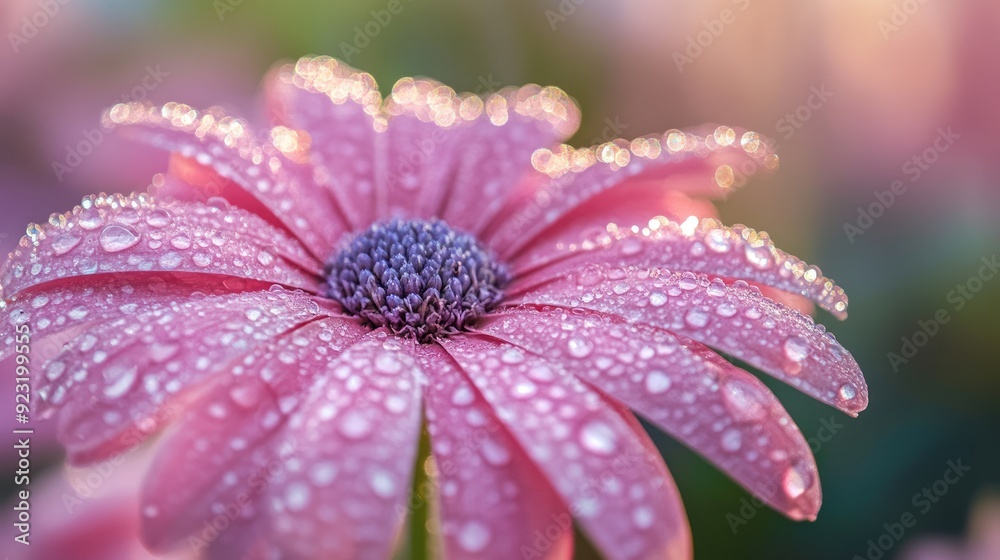 Close-up of a pink flower adorned with dew drops, glistening in the morning light, showcasing its delicate beauty. Close-up of a pink flower adorned with dew drops, glistening in the morning light, showcasing its delicate beauty.