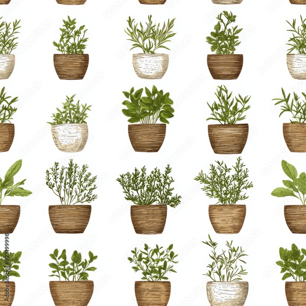 Seamless pattern of small herbs in rustic wooden pots