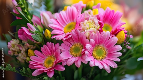 Colorful bouquet featuring pink flowers with sunny yellow centers, creating a bright and attractive floral arrangement.