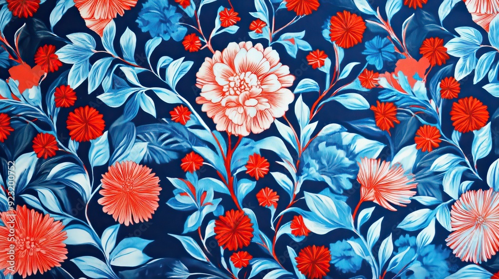 Fabric featuring a blue and red floral pattern with red pom poms, capturing a playful and vibrant aesthetic.