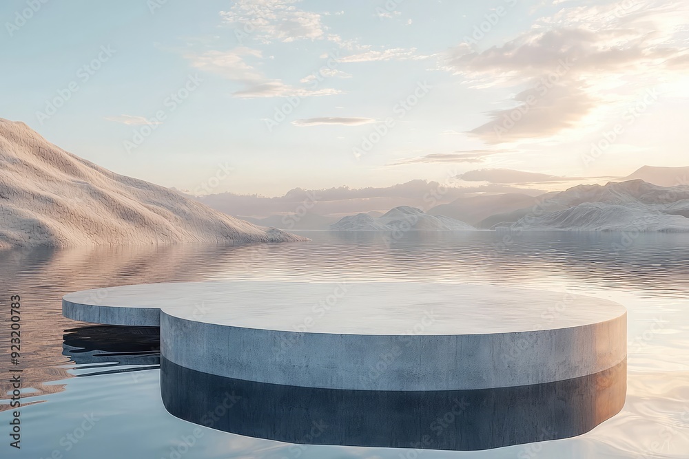 Minimalist Podium on Water in a Desert Landscape Minimalist Podium on Water in a Desert Landscape