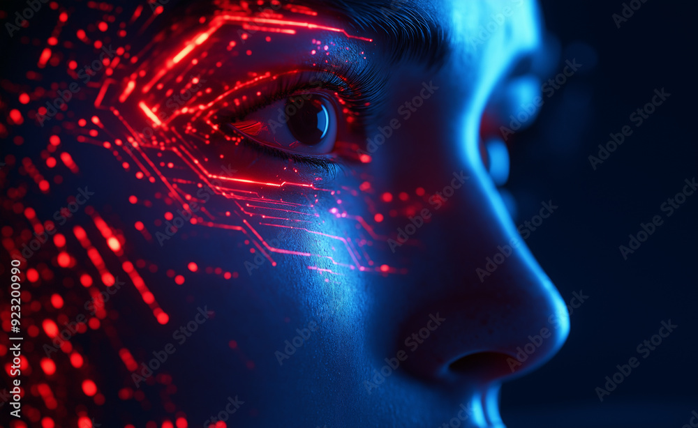 Side profile of a woman with digital red lines overlaying her face, representing facial recognition technology. Side profile of a woman with digital red lines overlaying her face, representing facial recognition technology.