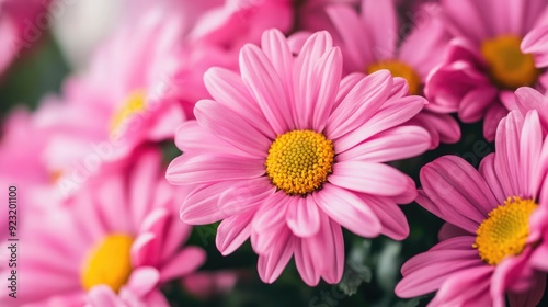 Fresh bouquet of pink flowers with vibrant yellow centers, arranged to showcase their cheerful and lively appearance.