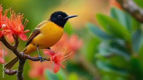 A close-up shot of a Hawaiian honeycreeper perched on a branch with vibrant flowers in the background. photo