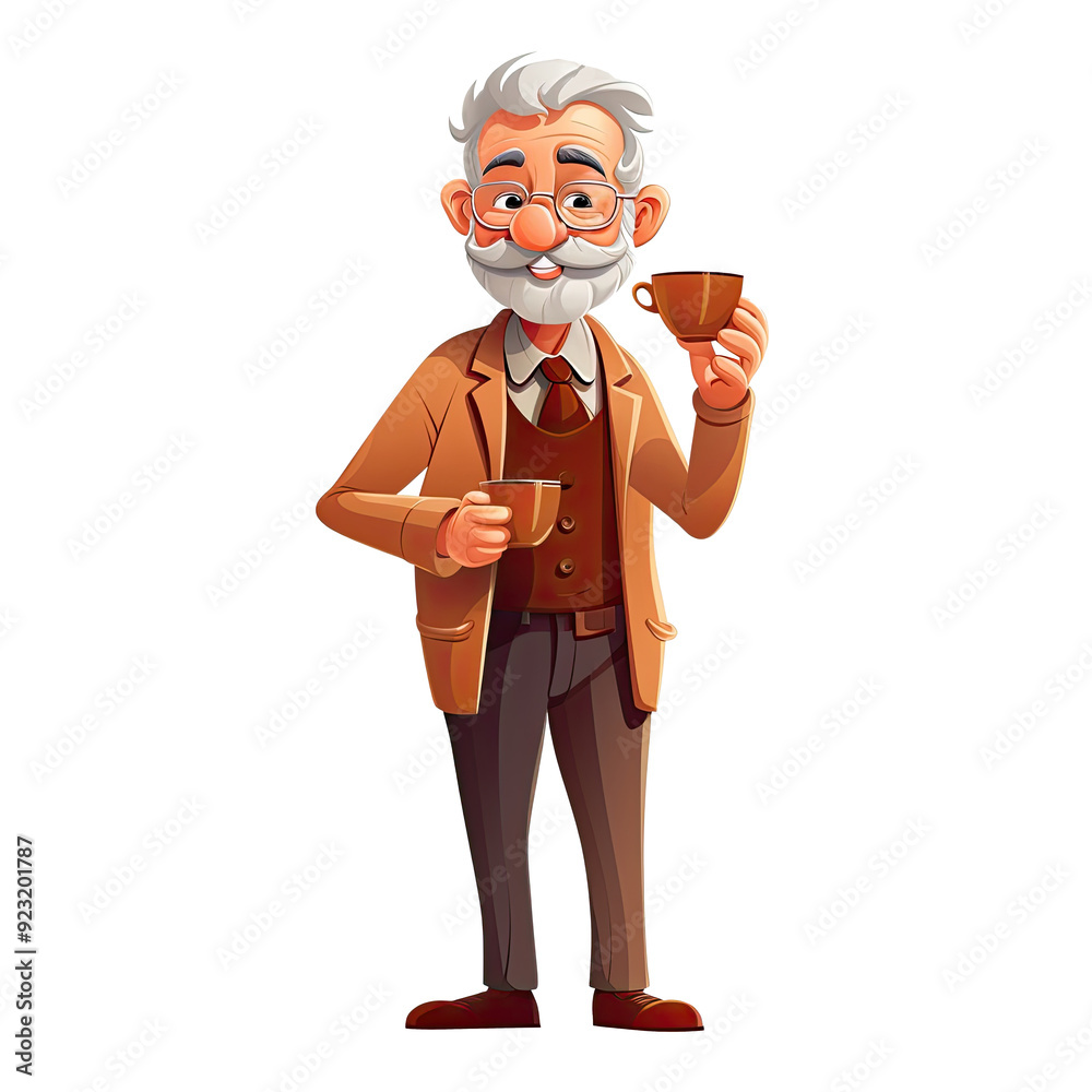 An illustration of an elderly man with glasses holding two cups