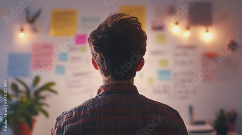 A college student brainstorming ideas on a whiteboard.