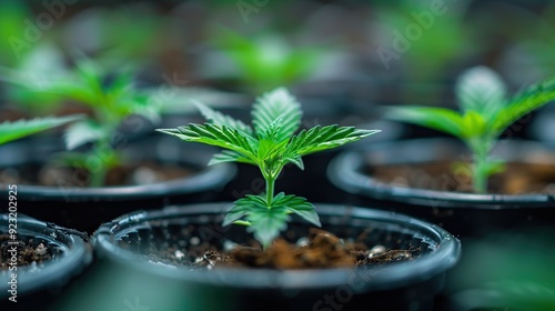 A close-up view of young cannabis plants in black pots, highlighting the early growth stages of the plants. copy space for text. photo