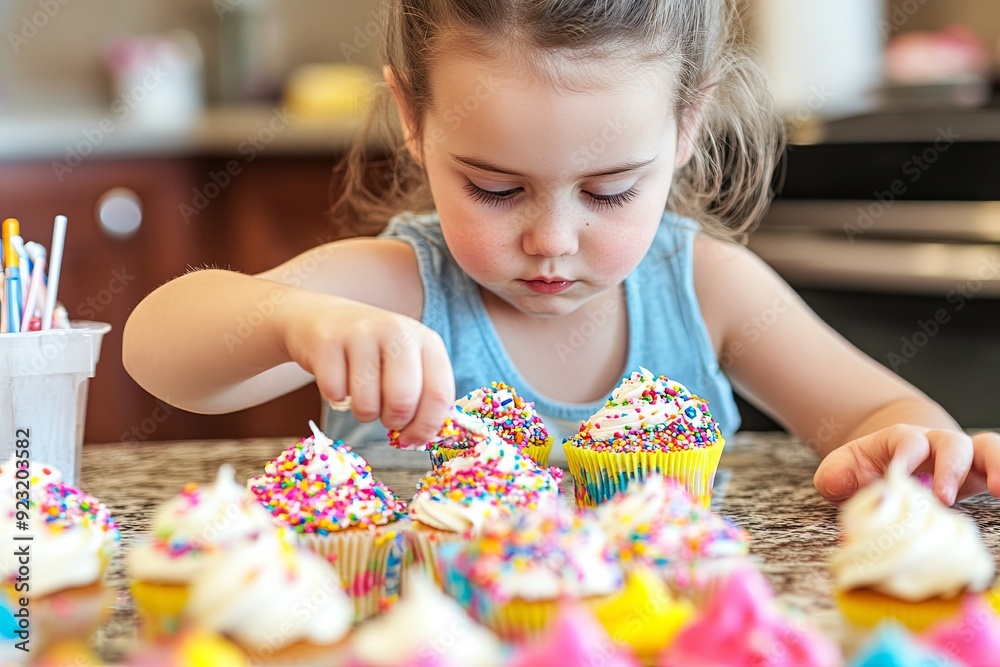 Fototapeta premium Child Decorating Cupcakes with Frosting