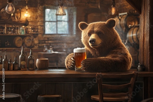 A relaxed bear sitting on a bar stool, holding a pint of artisanal craft beer.