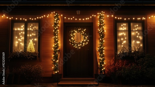 A cozy house exterior adorned with festive garlands and string lights, glowing warmly in the winter evening.