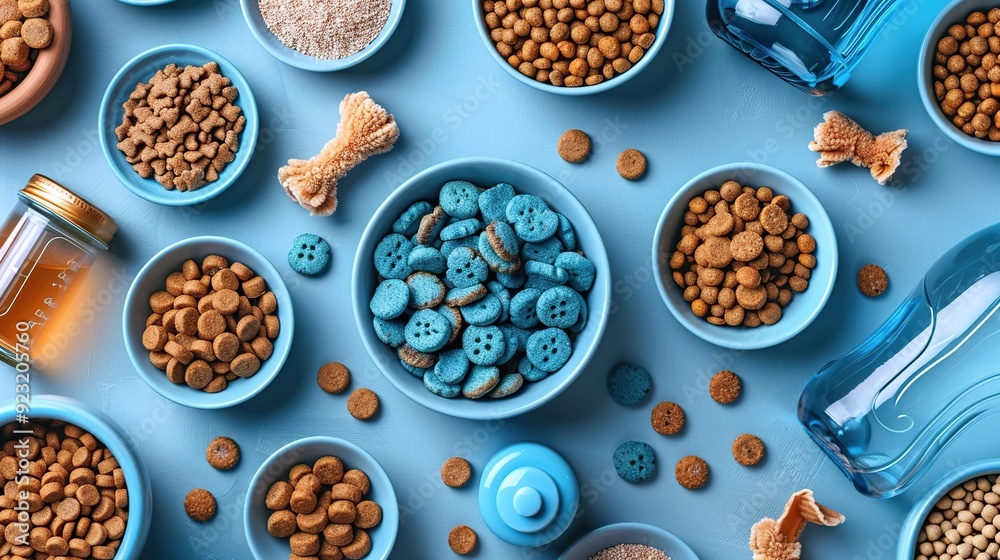 various pet supplies on a pastel blue background dry food in a bowl grooming nail clippers playful rubber toys handy water dispenser bottle flat lay top view. various pet supplies on a pastel blue background dry food in a bowl grooming nail clippers playful rubber toys handy water dispenser bottle flat lay top view.