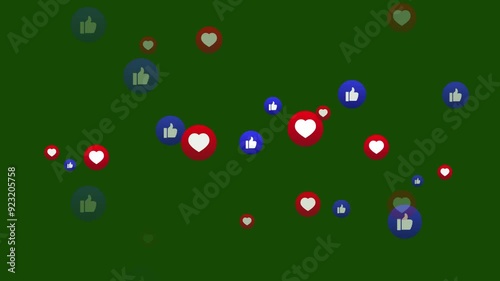 Heart and like buttons rise up social media marketing concept motion graphic animated video on green screen background