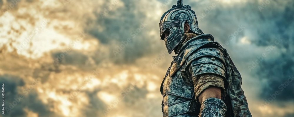 A powerful warrior stands in armor against a dramatic sky, embodying strength and resilience in a fantasy setting. A powerful warrior stands in armor against a dramatic sky, embodying strength and resilience in a fantasy setting.