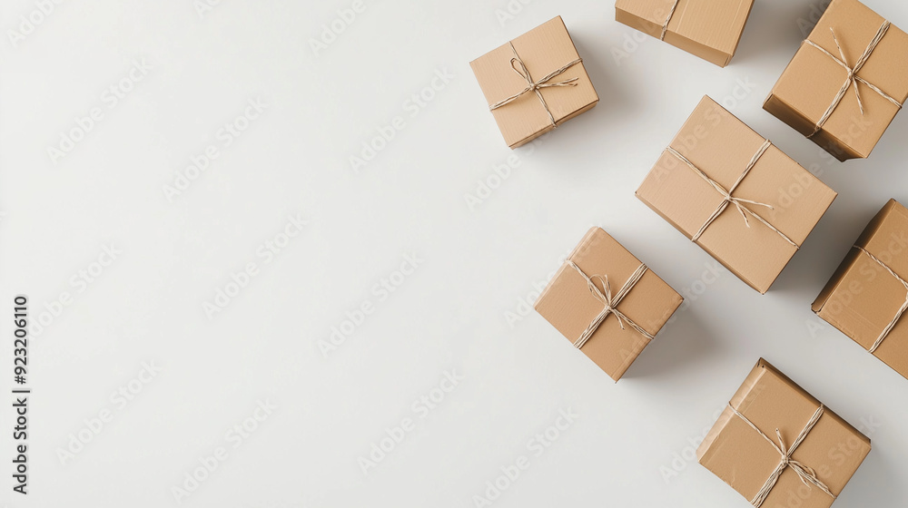 Obraz premium A top view of cardboard boxes arranged in a minimalistic composition on a neutral white background, with ample copy space around them, highlighting the simplicity and clean design,