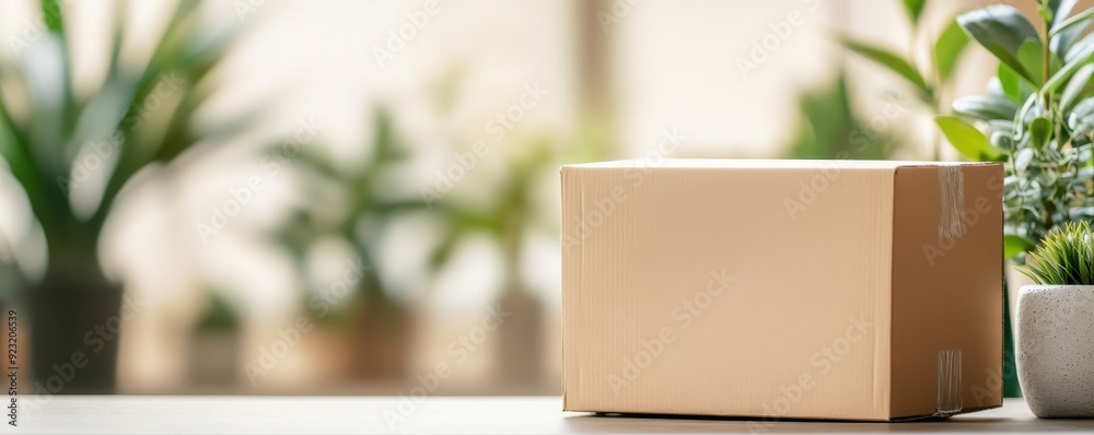 A simple cardboard box placed on a table surrounded by greenery, ideal for packaging and delivery concepts. A simple cardboard box placed on a table surrounded by greenery, ideal for packaging and delivery concepts.