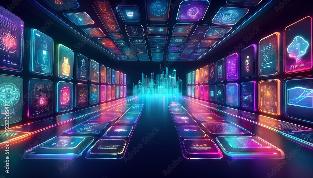 A futuristic cityscape rendered in a digital interface style with neon and bright colors