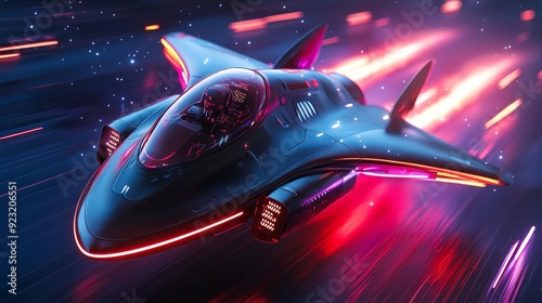 A detailed illustration of a sci-fi inspired, futuristic fighter jet with advanced weaponry and thrusters, flying at supersonic speeds, leaving a trail of vibrant light against a starry night
