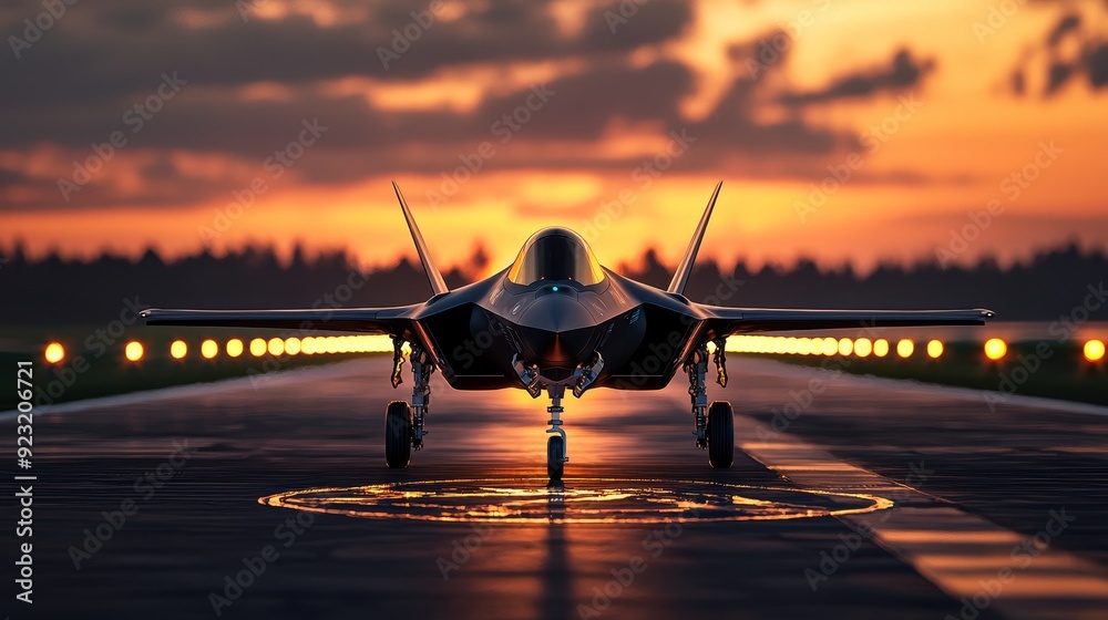 Fototapeta premium A dramatic sunset scene with a futuristic fighter jet silhouetted against the sky, preparing for battle.