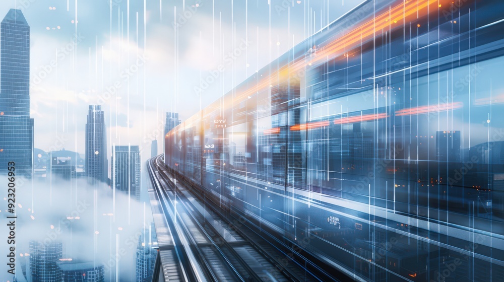 A train is traveling through a city with tall buildings in the background A train is traveling through a city with tall buildings in the background