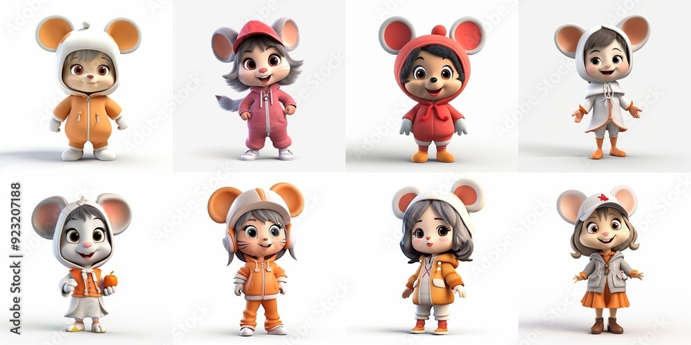 Obraz premium Adorable Cartoon Characters in Animal Costumes - Cute Children in Mouse Outfits Illustration